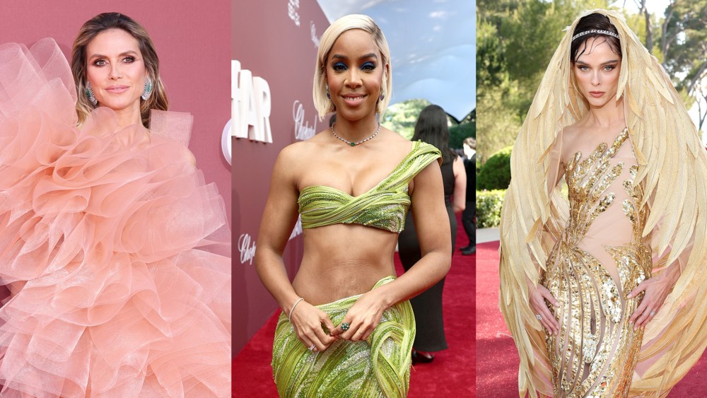 Heidi Klum pink ruffle dress, Kelly Rowland green look and Coco Rocha feathers, amfar cannes gala 2024