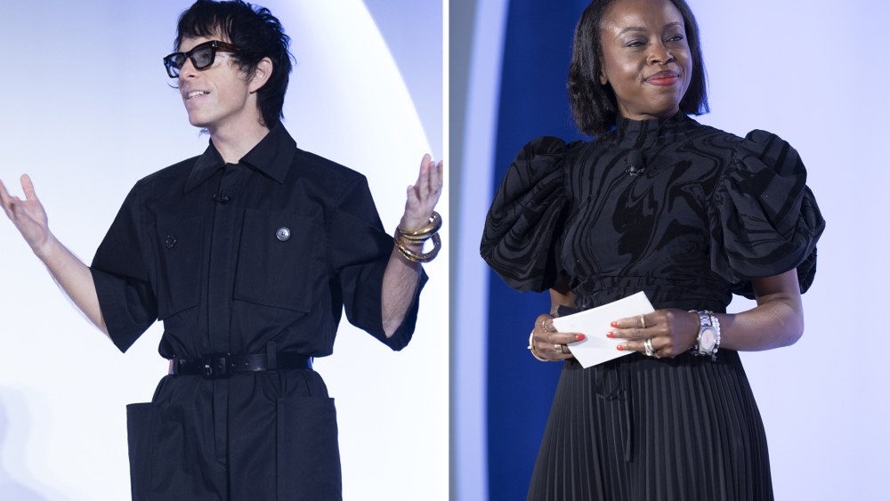 MAC's Drew Elliott and Aida Moudachirou-Rebois on stage at the WWD Beauty CEO Summit.