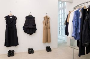 A wall display of looks by Sacai, one of 150 brands carried at Dover Street Market in Paris.