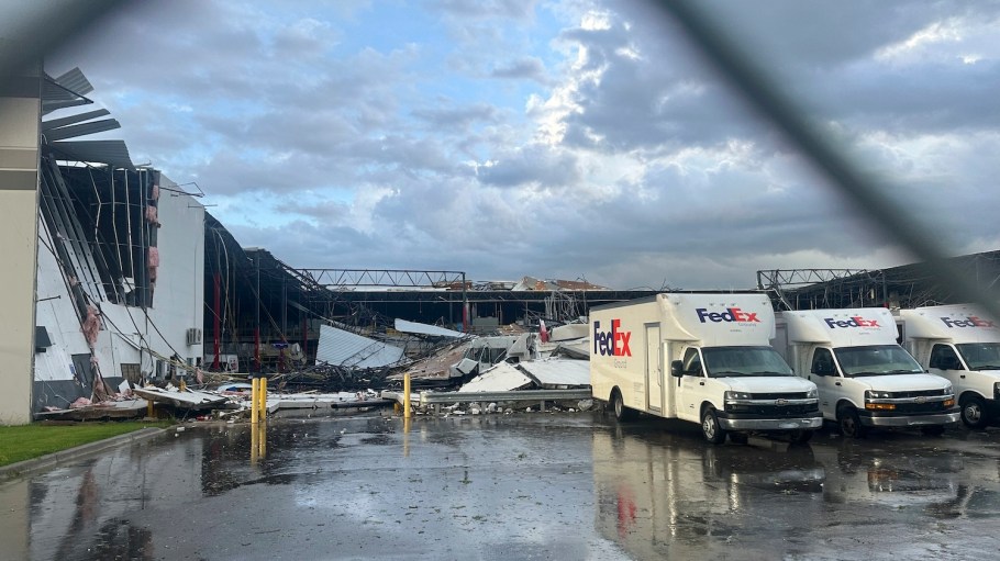 Debris is seen from a damaged FedEx facility after a tornado in Portage, Mich., Tuesday, May 7, 2024.