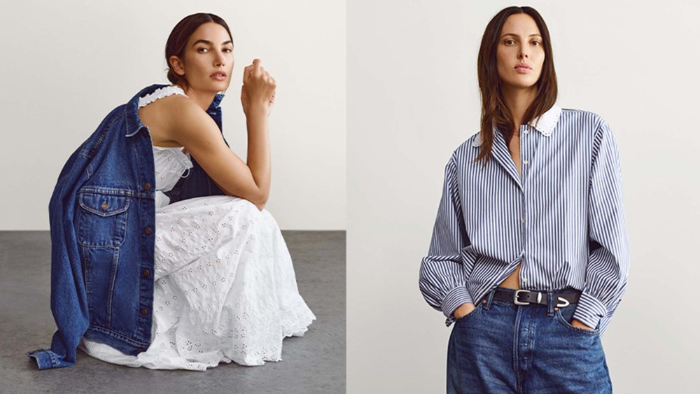 woman wearing a white dress and denim jacket; woman wearing a blue striped button down top and jeans
