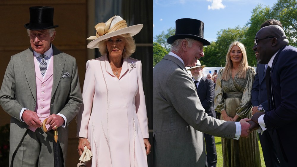 King Charles III (L) greets Edward Enninful (R) at The Sovereign's Creative Industries Garden Party at Buckingham Palace in London on May 15, 2024.