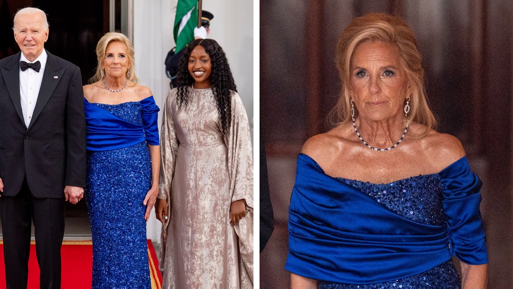 jill biden blue sergio hudson state dinner dress, WASHINGTON, DC - MAY 23: U.S. President Joe Biden and first lady Jill Biden arrive to greet Kenyan President William Ruto and his wife Rachel Ruto as they arrive for a State Dinner at the White House on May 23, 2024 in Washington, DC. Biden is hosting President Ruto and his wife Rachel Ruto for a state visit, which included a bilateral meeting, a joint press conference and state dinner. Ruto's visit is the first official state visit to the White House by a leader from an African country since 2008. (Photo by Andrew Harnik/Getty Images)