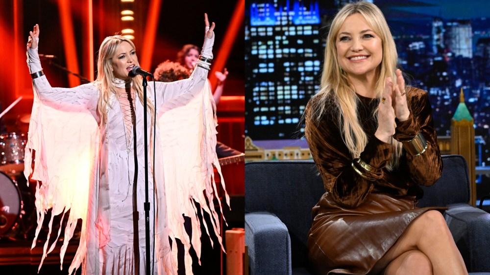 kate hudson singing, the tonight show, white roberto cavalli dress