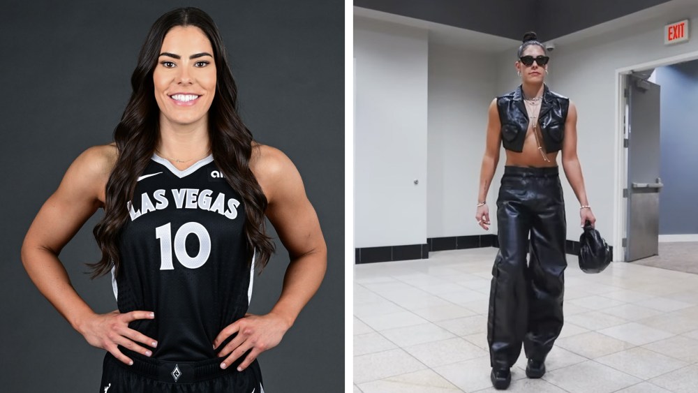 Alexander Wang outfit, Kelsey Plum of the Las Vegas Aces poses for photos during the team's media day on May 3 in Las Vegas.