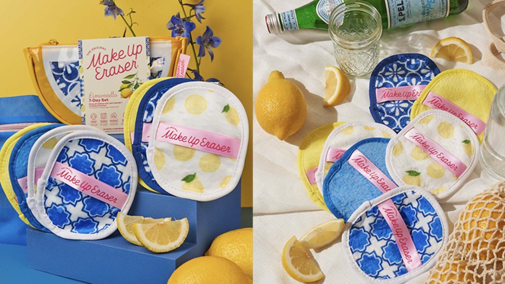 various makeup wipe cloths on blue and yellow background; various makeup wipe cloths on a table with lemons and sparkling water