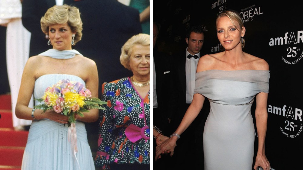 Princess Diana cannes dress 1987, blue catherine walker look, princess charlene of monaco cannes blue dress 2011 at the Cannes Film Festival royalty on the red carpet fashion