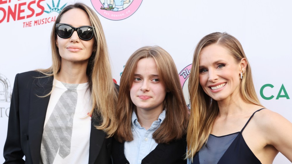 (L-R) Angelina Jolie, Vivienne Jolie-Pitt and Kristen Bell at the opening night performance of "Reefer Madness: The Musical" at The Whitley on May 30, 2024, in Los Angeles.