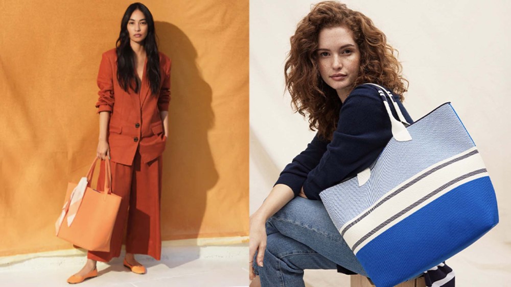 woman wearing an orange suit and holding and orange tote bag in front of an orange backdrop; woman sitting wearing a blue striped tote bag