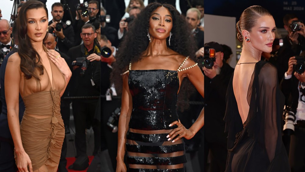 bella hadid sheer dress, naomi campbell, Rosie Huntington-Whiteley at the premiere for "The Shrouds" during the 77th Cannes Film Festival held at the Palais des Festivals on May 20, 2024 in Cannes, France.