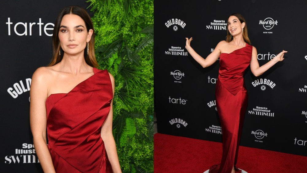 Lily Aldridge red dress at the 2024 Sports Illustrated Swimsuit Issue Launch Party held at the Hard Rock Cafe on May 16, 2024 in New York City.