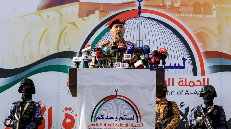 Yahya Saree, spokesperson for Yemen's Houthi militant group, speaks during a rally on May 3, 2024.