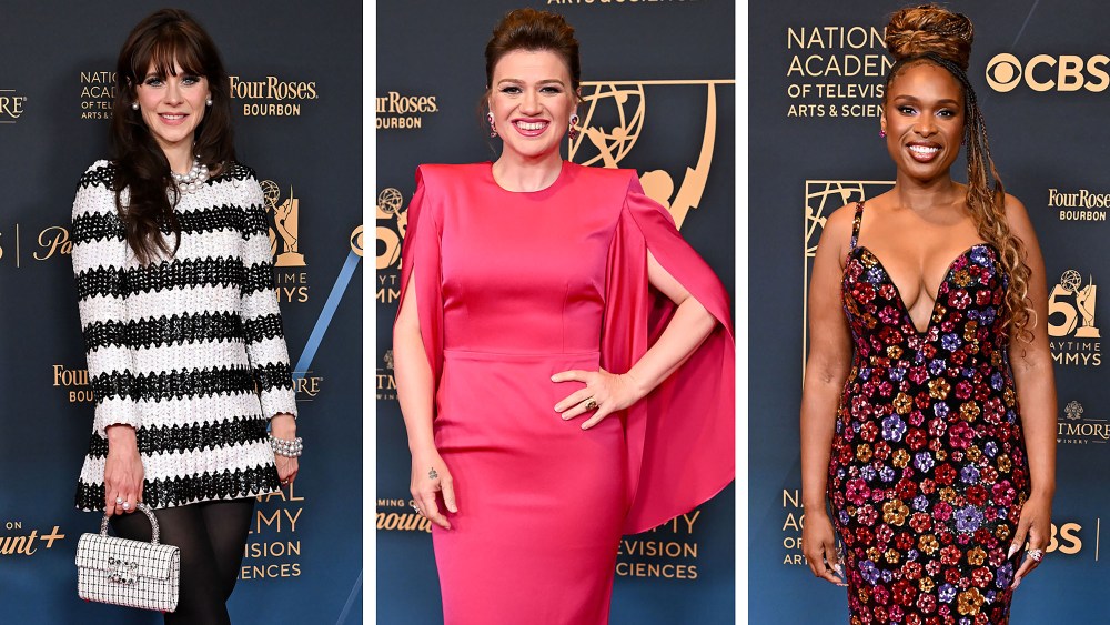 Zooey Deschanel attends the 51st annual Daytime Emmys Awards in vintage Betsey Johnson sequined dress, black and white dress, vintage style, kelly clarkson, jennifer hudson