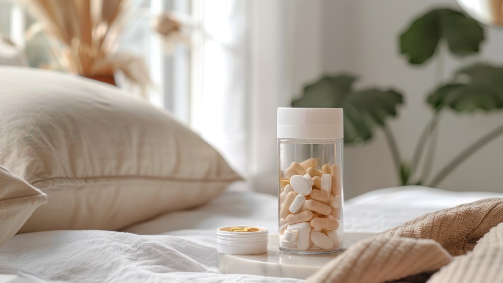 Pill bottle on a bed with pills.