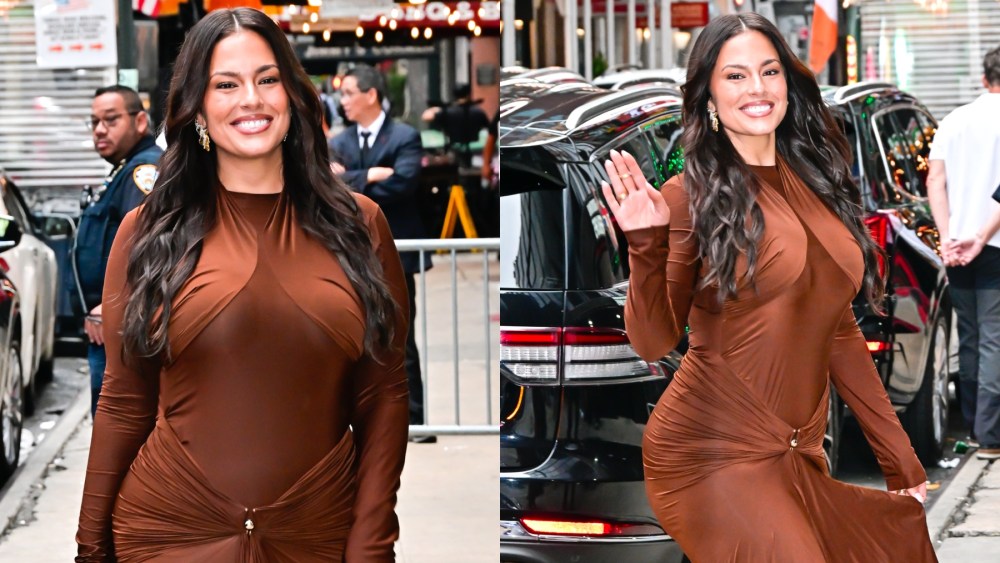 Ashley Graham arrives at "Good Morning America" on June 3 in New York, brown dress, celebrity style, childrens book