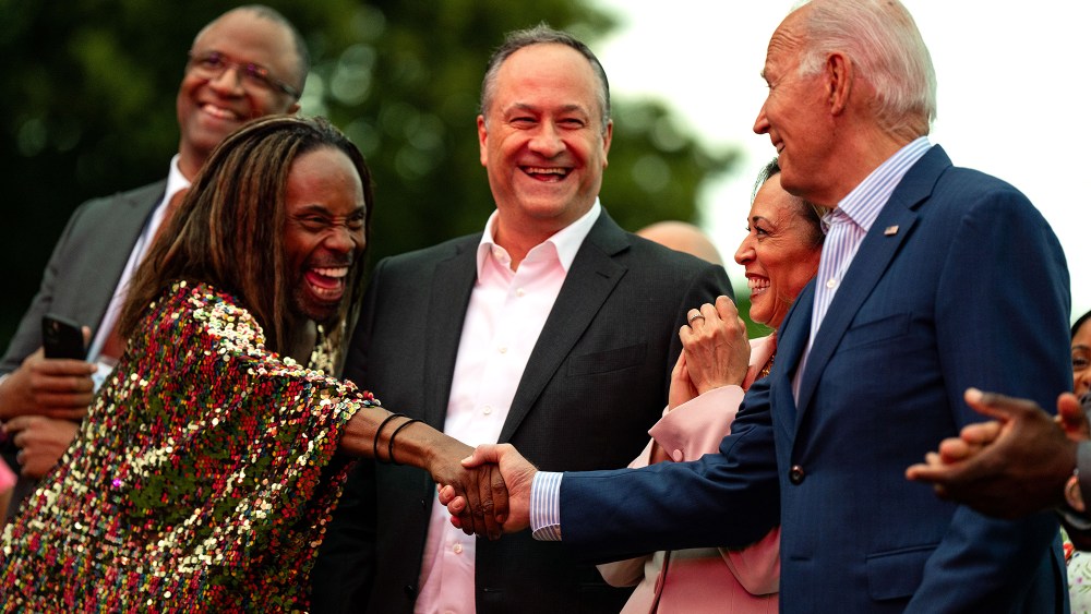 Billy Porter in gold rainbow lgbtq flag caftan dress greets President Joe Biden as Vice President Kamala Harris and Second Gentleman Doug Emhoff look on during a Juneteenth concert at the White House on June 10 in Washington, sequin caftan, rainbow, Kaftko