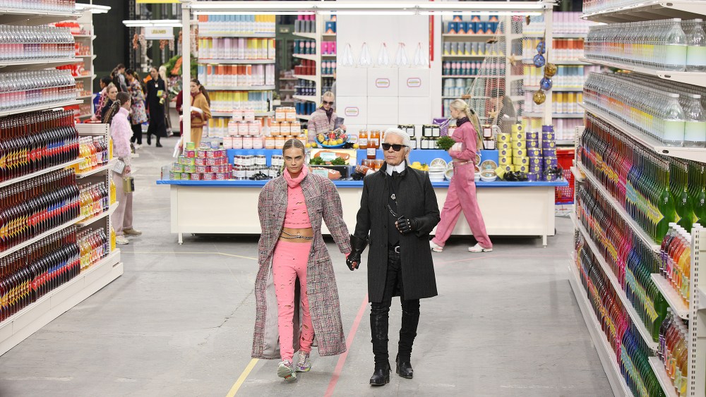Karl Lagerfeld and model Cara Delevingne close Chanel's fall 2014 fashion show at the Grand Palais, supermarket, sets, runway