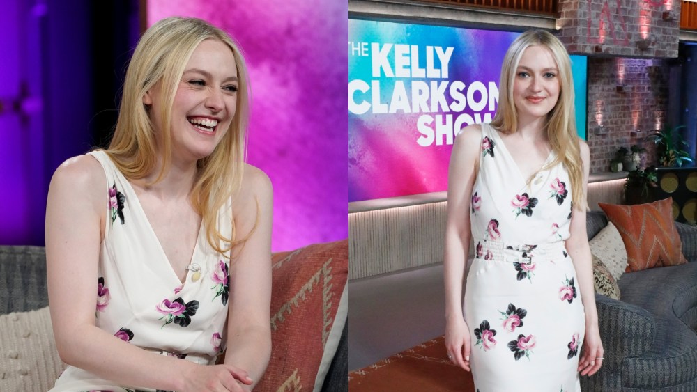 Dakota Fanning on "The Kelly Clarkson Show" on June 5, Prada, floral dress, Aquazzura, silver sandals