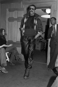 Model Renauld White with designer Jeffrey Banks during his fall 1981 menswear collection presentation.
