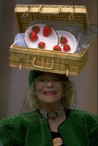 Portrait of a Gertrude Shilling wearing, as always, one of her son's unusual creations during Royal Ascot at Ascot racecourse in Berkshire, England.