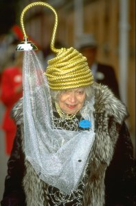 Jun 1996:  Portrait of Gertrude Shilling of Great Britain showing off her hat which looks like a shower during Royal Ascot week at Ascot racecourse in Ascot, England,  Mandatory Credit: Stu  Forster/Allsport