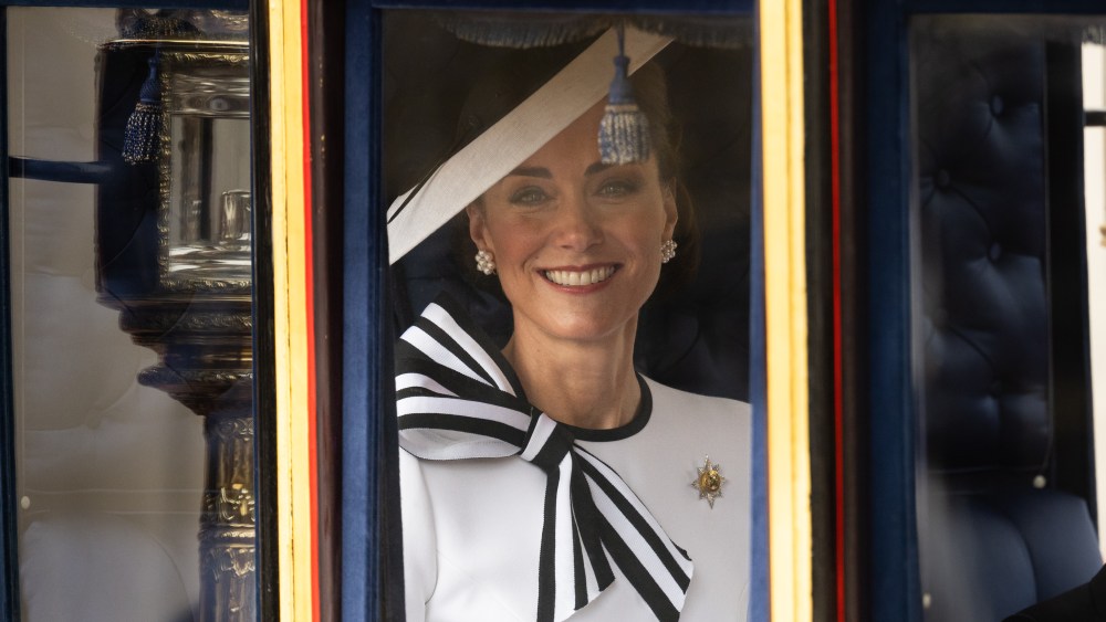 LONDON, ENGLAND - JUNE 15: Catherine, Princess of Wales during Trooping the Colour on June 15, 2024 in London, England. Trooping the Colour is a ceremonial parade celebrating the official birthday of the British Monarch. The event features over 1,400 soldiers and officers, accompanied by 200 horses. More than 400 musicians from ten different bands and Corps of Drums march and perform in perfect harmony. (Photo by Samir Hussein/WireImage)