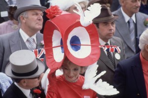At an Ascot race meeting Mrs Gertrude Shilling in one of the eye catching outfits designed by her son.