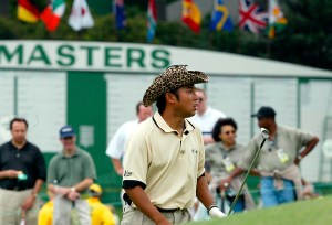 Shingo Katayama of Japan watches his bunker shot from the ninth hole 09 April, 2002 during his practice round for the 2002 Masters Golf tournament at Augusta National Golf Club, in Augusta, GA. Augusta National has made alterations to nine of the eighteen holes bringing the total yardage of the course to 7,270 yards (6.6 km). The tournament starts on 11 April.