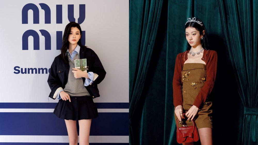 Left: Ming Xi at a Miu Miu event. Right: a look from Shushu/Tong fall 2024 collection