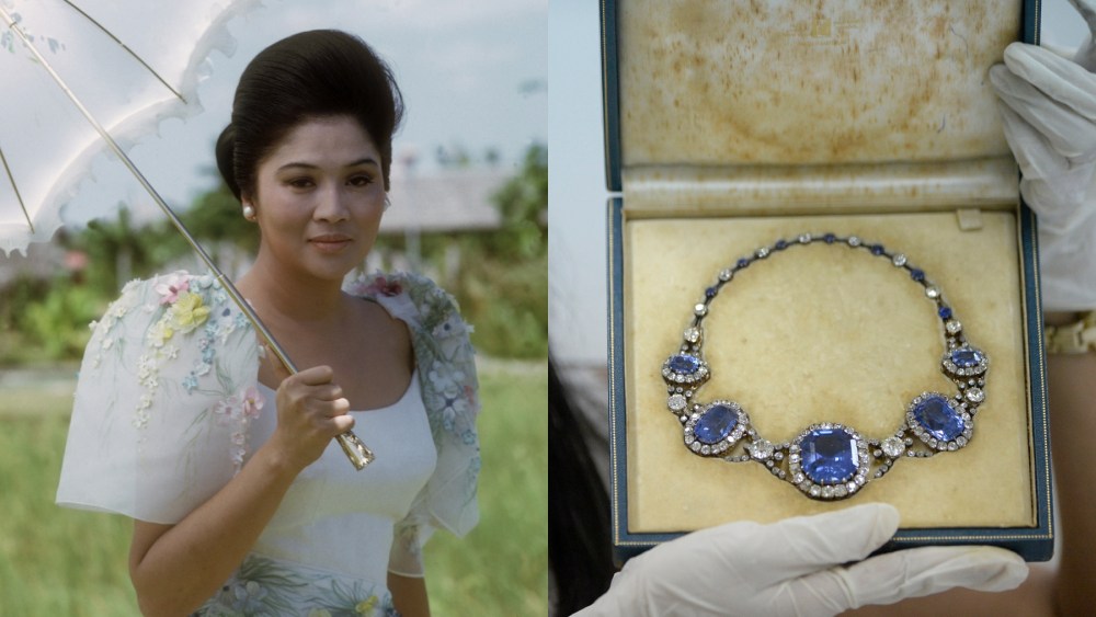 Imelda Marcos in 1972; A diamond and sapphire necklace belonging to Imelda Marcos in 2015, jewelry, shoe, closet, collection