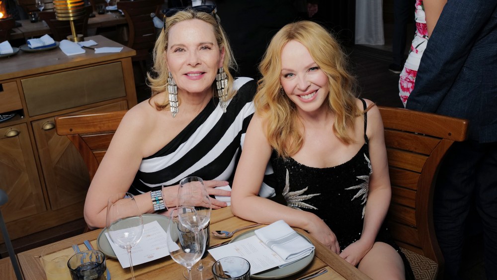 Kim Cattrall and Kylie Minogue in Balmain at the One&Only Aesthesis near Athens.