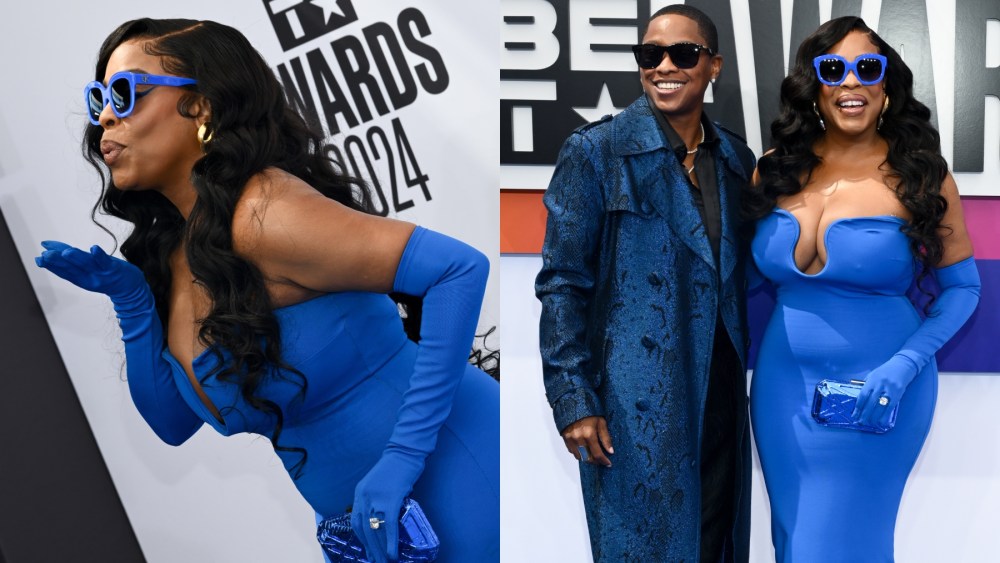Niecy Nash and Jessica Betts at the the 2024 BET Awards on June 30 in Los Angeles, strapless blue gown, red carpet