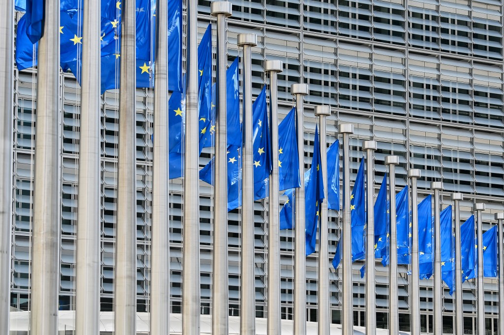 European flags in front of Berlaymont European Commission Brussels Belgium
