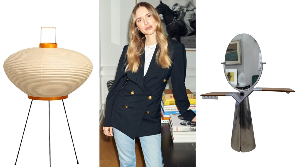Isamu Noguchi Model 9A Akari Light Sculpture Handcrafted by Ozeki, Japan, $950, 1stDibs; Pernille Teisbaek; 80s Italian Wood Aluminium Glass Vanity Mirror Dressing Table Mirror, $1,727.57, 1stDibs