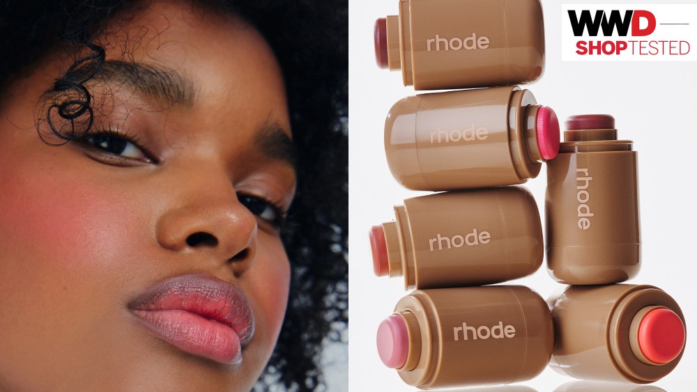 woman wearing Rhode blush on cheeks and lips; new Rhode pocket blushes that we tested and reviewed