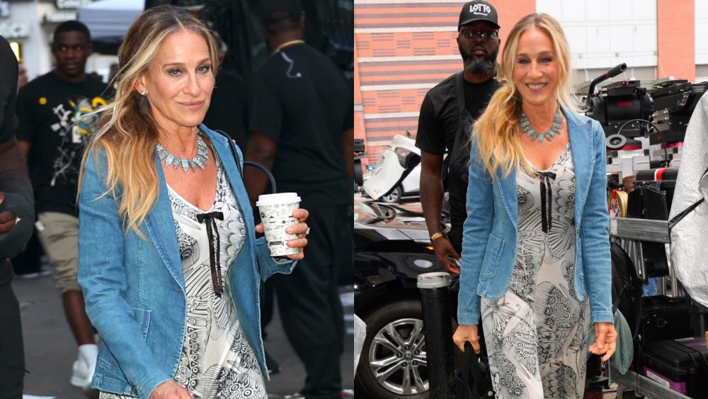 Sarah Jessica Parker is seen arriving at the "And Just Like That" set on June 5 in New York, butterfly print jumpsuit, black and white, bows, denim blazer, mary janes, season 3 looks fashion style wardrobe