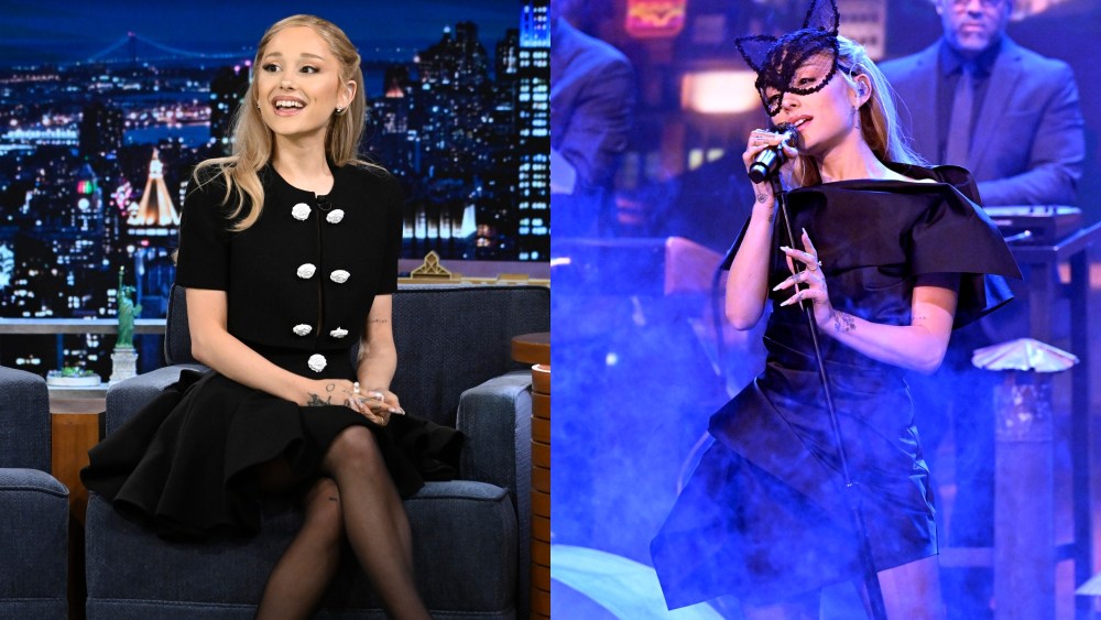 ariana grande, the tonight show, jimmy fallon cat ears, balmain, mugler