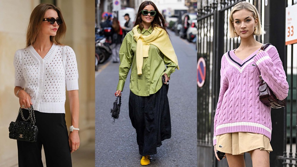 three women wearing various sweaters in summer street style