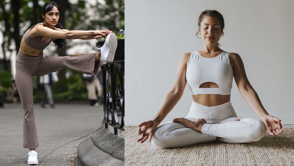women wearing activewear and stretching in a park; woman sitting on floor in yoga pose wearing workout clothes