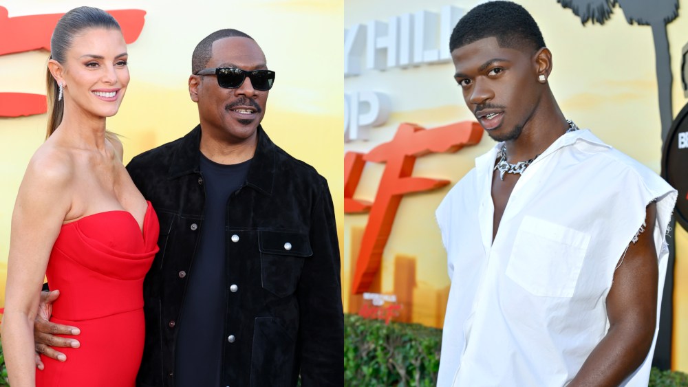 (L-R): Paige Butcher, Eddie Murphy and Lil Nas X at the Los Angeles premiere of Netflix's "Beverly Hills Cop: Axel F" at the Wallis Annenberg Center for the Performing Arts on June 20 in Beverly Hills, Calif.