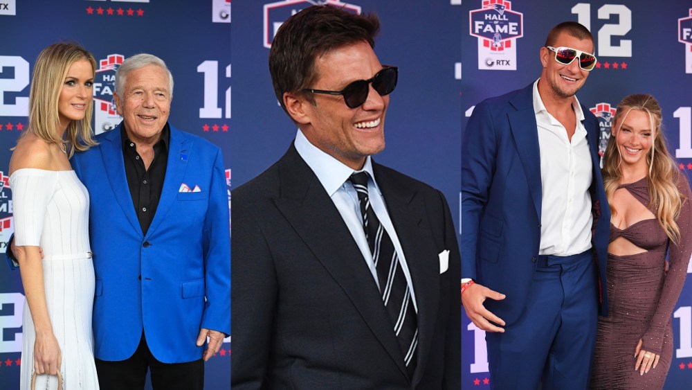 ana Kraft, Robert Kraft, Tom Brady, Rob Gronkowski and Camille Kostek 
 at the 2024 Hall of Fame Induction Ceremony for Tom Brady at Gillette Stadium on June 12, 2024 in Foxborough, Massachusetts.