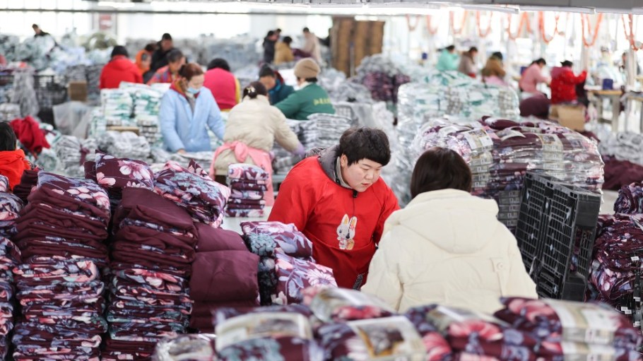 Workers on the production line of a textile company in Lianyungang, China.