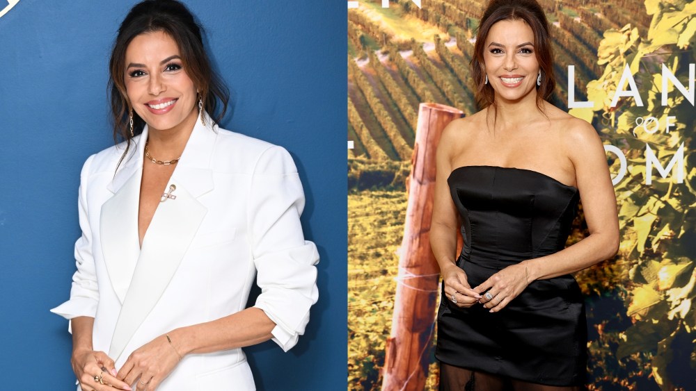 (Left) Eva Longoria poses backstage on Thursday, June 20. (Right) Eva Longoria attends Apple TV+'s "Land Of Women" World Premiere at The Whitby Hotel on June 20 in New York City.