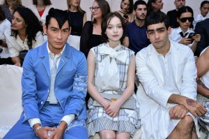 Evan Mock, Emma Myers and Omar Ayusoat Thom Browne Fall 2024 Couture at Paris Fashion Week