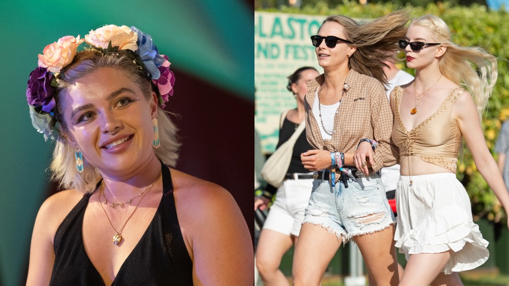 (L)Florence Pugh attends a Q&A session at the Pilton Palace during day three of Glastonbury Festival 2024 at Worthy Farm, Pilton on June 28 in Glastonbury. (R) Cara Delevingne and Anya Taylor-Joy attend day one of the Glastonbury Festival on June 28 in Glastonbury, England.