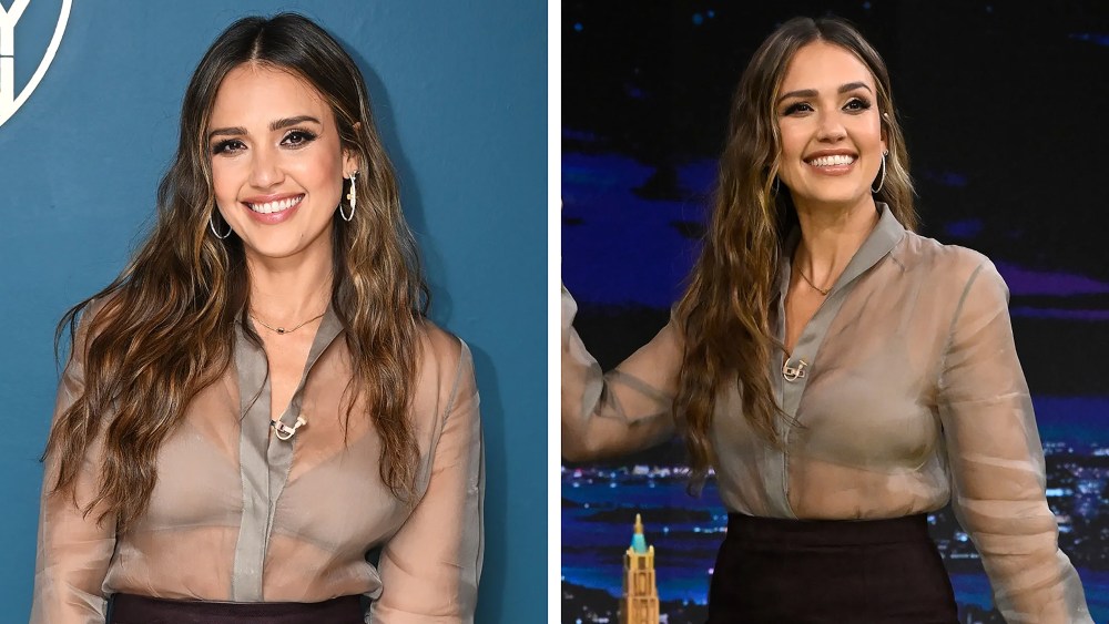 Jessica Alba on "The Tonight Show Starring Jimmy Fallon" on June 3, Jessica Alba Tonight Show With Jimmy Fallon Sheer Fendi shirt and midi skirt