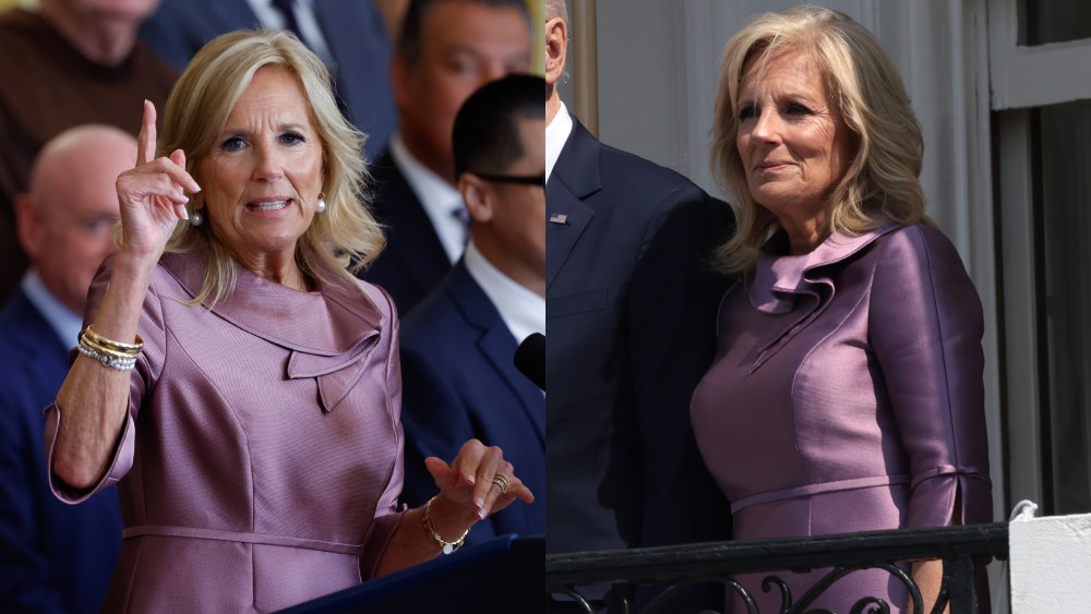 jill biden, (Right) U.S. first lady Jill Biden speaks before U.S. President Joe Biden delivers remarks at an event marking the 12th anniversary of the Deferred Action for Childhood Arrivals (DACA) program in the East Room at the White House on June 18, 2024 in Washington, DC. (Left)  First lady Jill Biden wave during an arrival ceremony at the White House, April 26, 2023 in Washington, DC