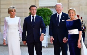 PARIS, FRANCE - JUNE 8: (L-R) Brigitte Macron, French President Emmanuel Macron, US President Joe Biden and first lady Jill Biden in Schiaparelli dress visit Elysee Palace on June 8, 2024 in Paris, France. U.S. President Joe Biden is in France to commemorate the 80th anniversary of the invasion of Normandy and to emphasize the continued role of the United States in helping to protect democratic values in Europe. (Photo by Christian Liewig - Corbis/Corbis via Getty Images)