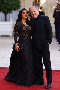PARIS, FRANCE - JUNE 08: Salma Hayek and husband Francois-Henri Pinault arrive to attend an official state dinner as part of US President's state visit to France, at the Presidential Elysee Palace on June 08, 2024 in Paris, France. U.S. President Joe Biden is in France to commemorate the 80th anniversary of the invasion of Normandy and to emphasize the continued role of the United States in helping to protect democratic values in Europe. (Photo by Marc Piasecki/Getty Images)