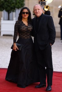 PARIS, FRANCE - JUNE 08: Salma Hayek and husband Francois-Henri Pinault arrive to attend an official state dinner as part of US President's state visit to France, at the Presidential Elysee Palace on June 08, 2024 in Paris, France. U.S. President Joe Biden is in France to commemorate the 80th anniversary of the invasion of Normandy and to emphasize the continued role of the United States in helping to protect democratic values in Europe. (Photo by Marc Piasecki/Getty Images)